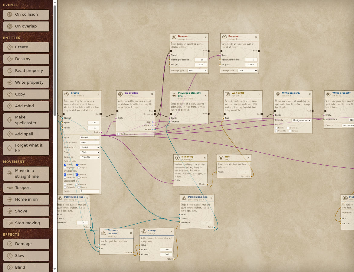 The Spell Creator with Fireball open: its graph of nodes